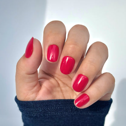 Cherry Rouge Petite extra short round press-on nails in deep cherry red. Red, shiny and glossy. 