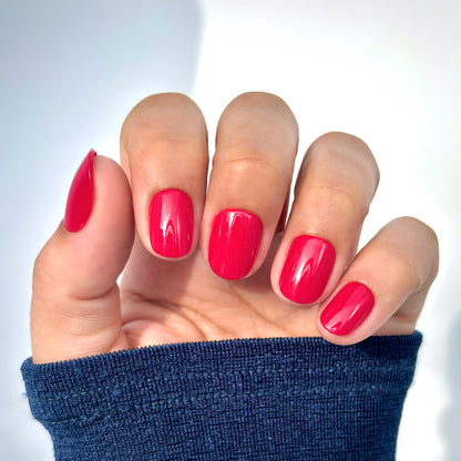 Cherry Rouge Petite extra short round press-on nails in deep cherry red. Red, shiny and glossy. 